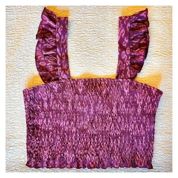 H&M Ruffle Smocked Crop Top Small Pink Pattern NWT - Picture 4 of 8